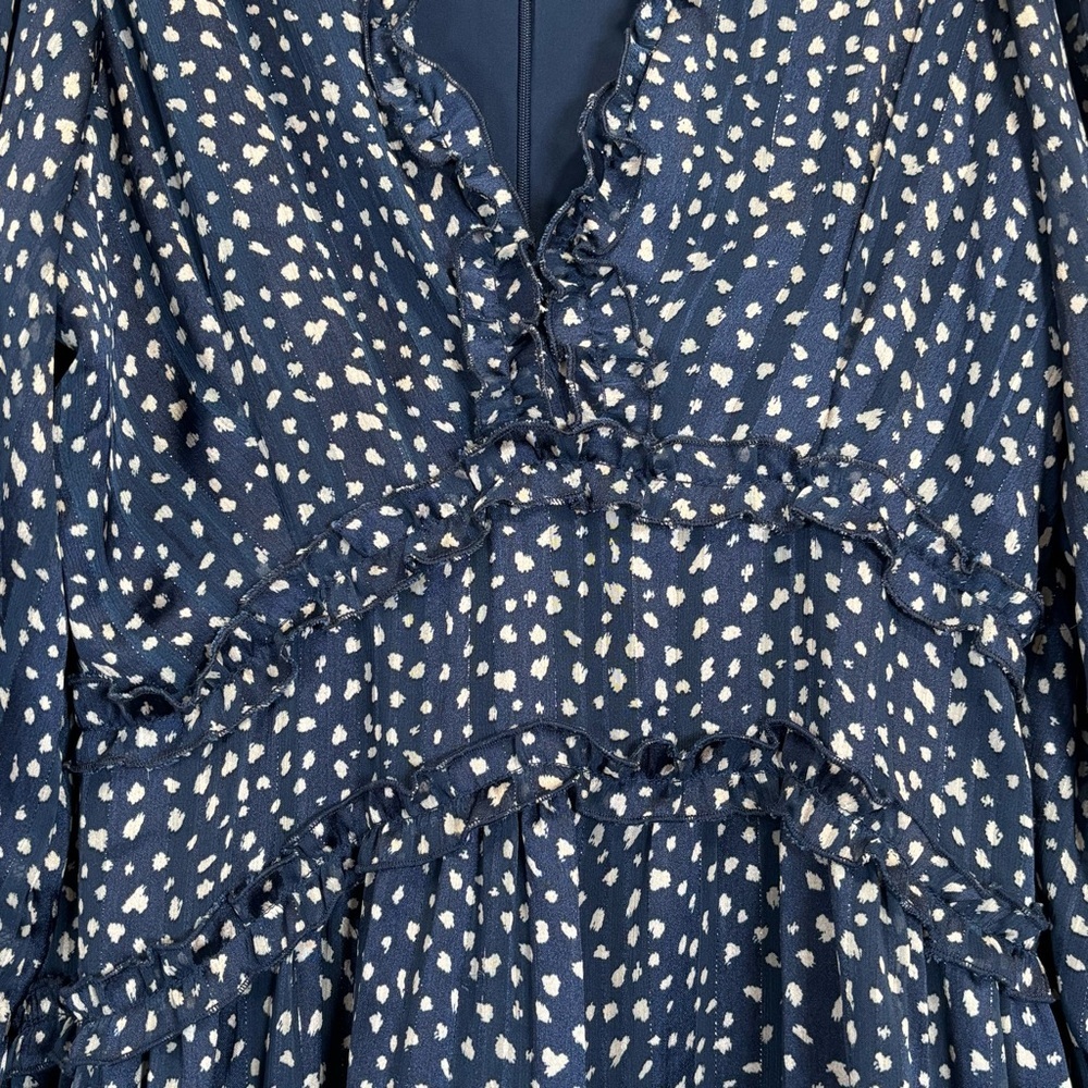 Apricot Navy Blue Ruffle V-Neck Tiered Mini Dress Romantic Cottagecore US 4 - Picture 6 of 16